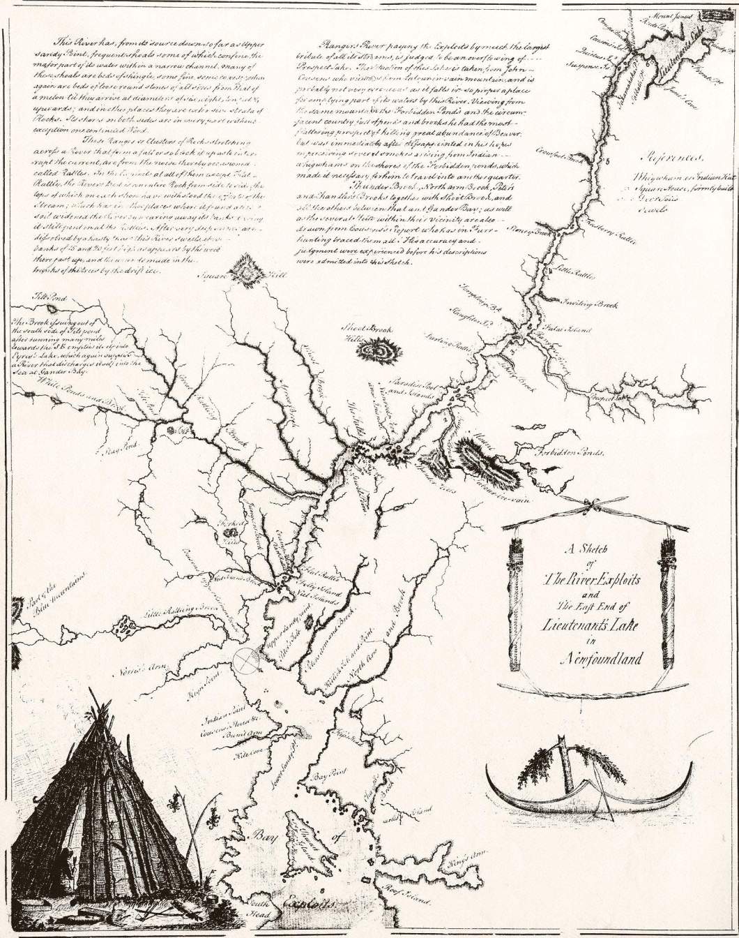 Cartwright's Map of the Exploits River Circa 1770. Many of the place names noted here did not survive into the 20th Century, some like Great Rattling Brook did. (Source: http://www.heritage.nf.ca/exploration/river_large.html)